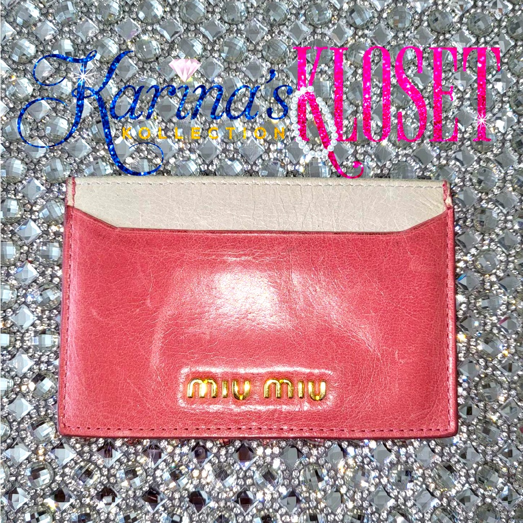 Miu Miu Color Block Watermelon Pink Leather Card Holder. Lambskin Leather